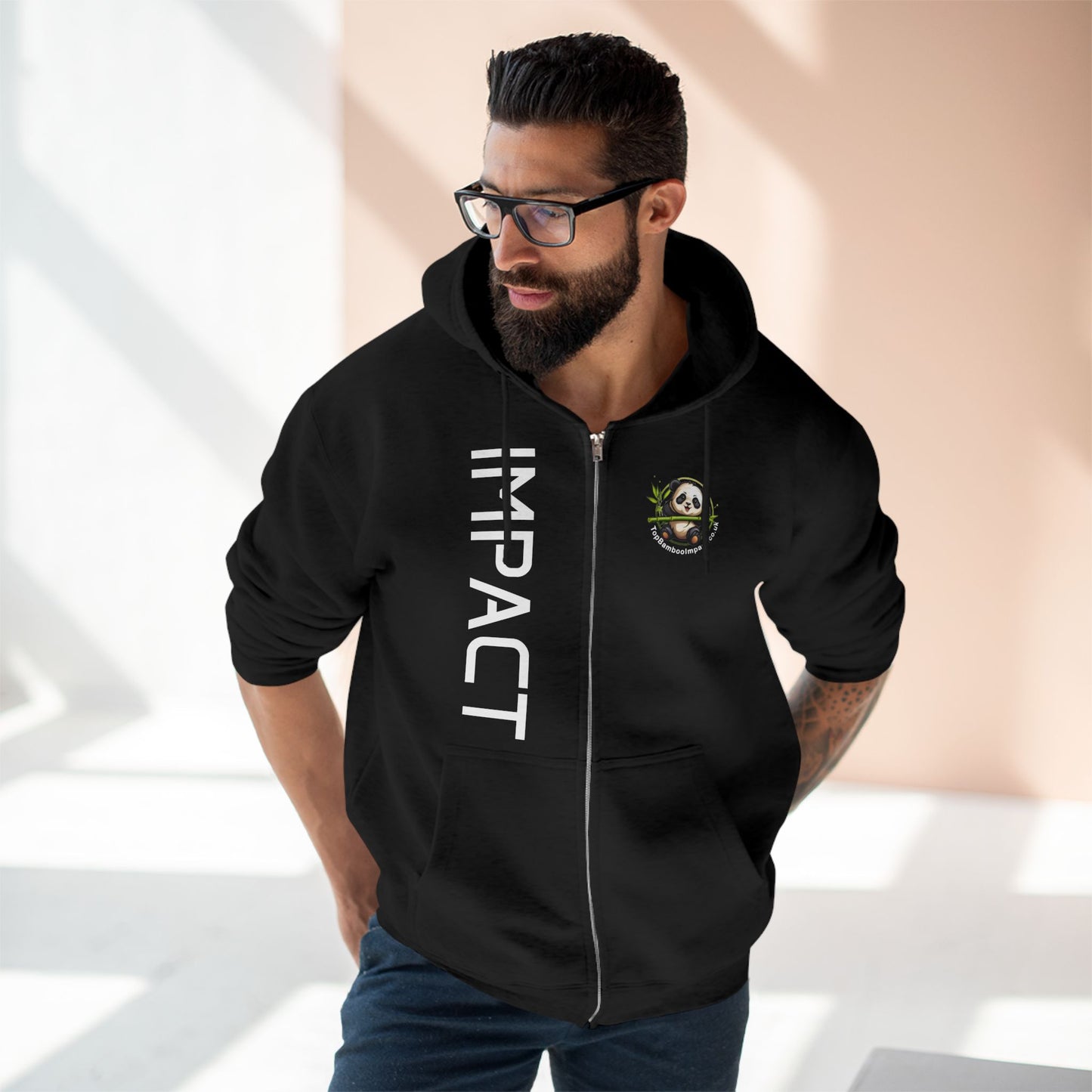 Panda Impact Unisex Zip Hoodie, Panda Hoodie, Black Zip Sweatshirt, Eco-Friendly Apparel, Gift for Animal Lovers, Nature Lovers