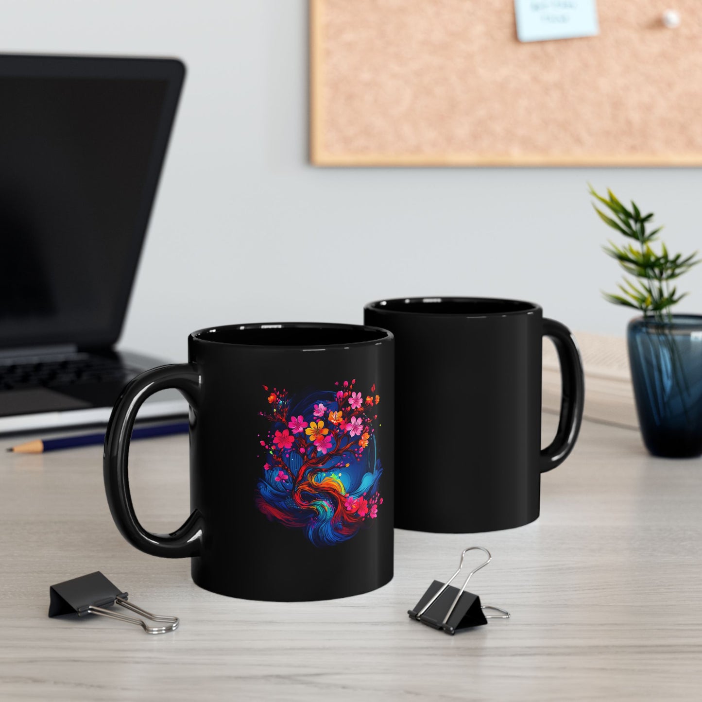 Cherry Blossom Black Mug, Coffee Cup, Tea Mug, Gift for Her, Decorative Drinkware, Home Office Essentials