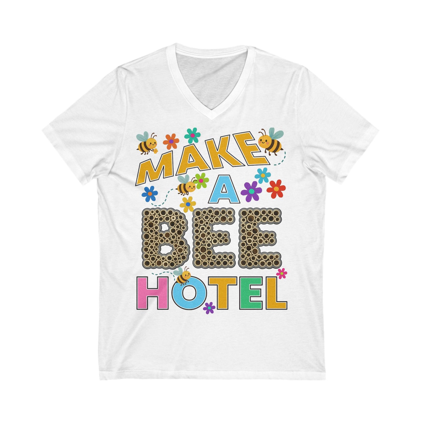 Adult Bee Hotel V-Neck Tee, Eco-Friendly Gift, Bee Conservation T-Shirt - Help Bees!