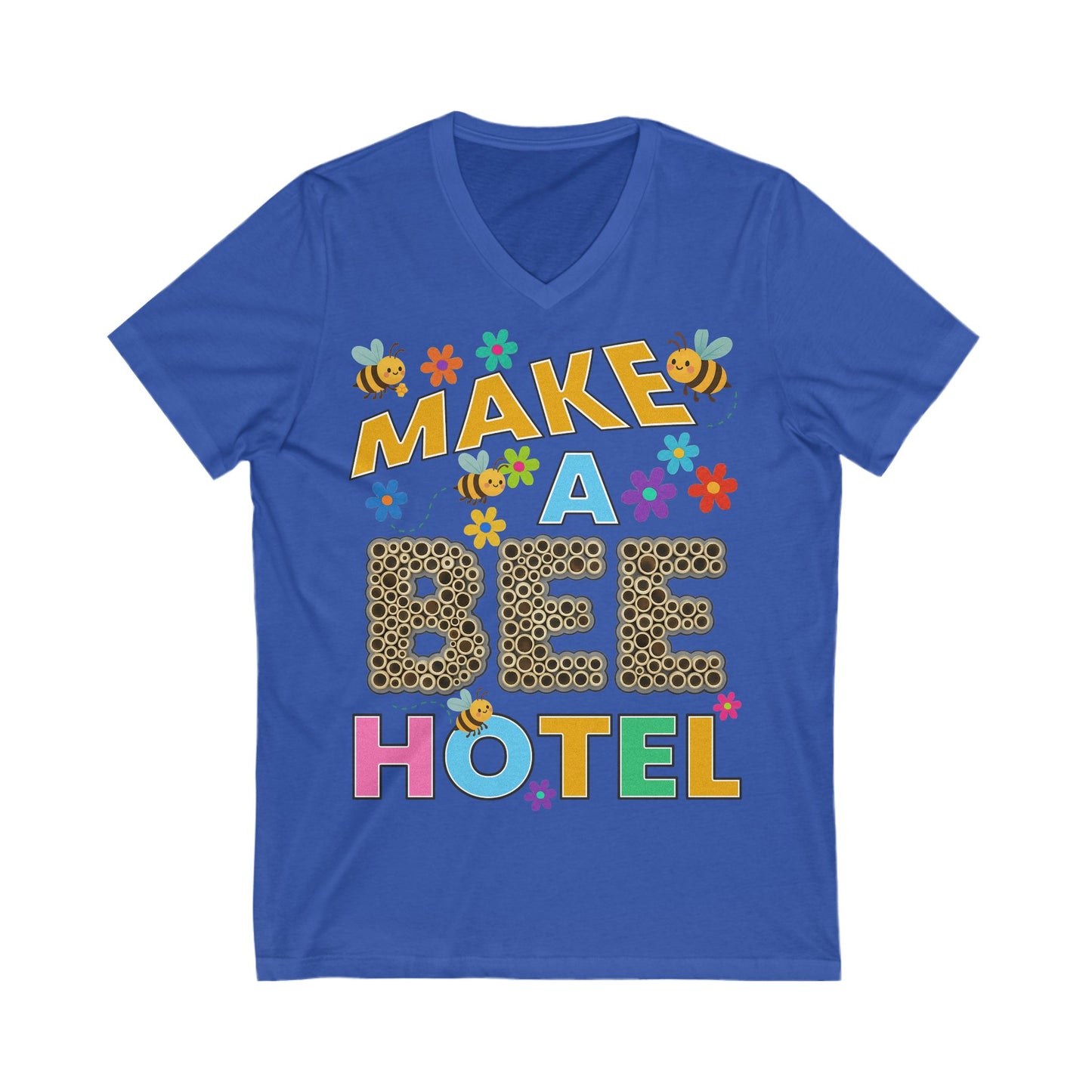 Adult Bee Hotel V-Neck Tee, Eco-Friendly Gift, Bee Conservation T-Shirt - Help Bees!