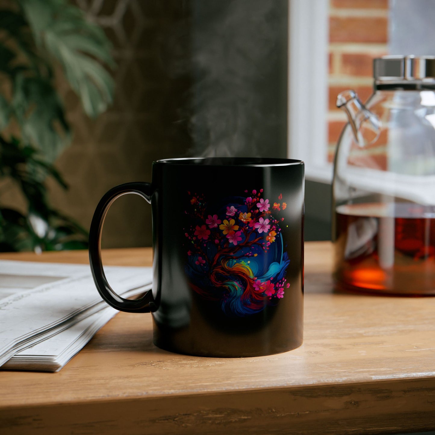 Cherry Blossom Black Mug, Coffee Cup, Tea Mug, Gift for Her, Decorative Drinkware, Home Office Essentials