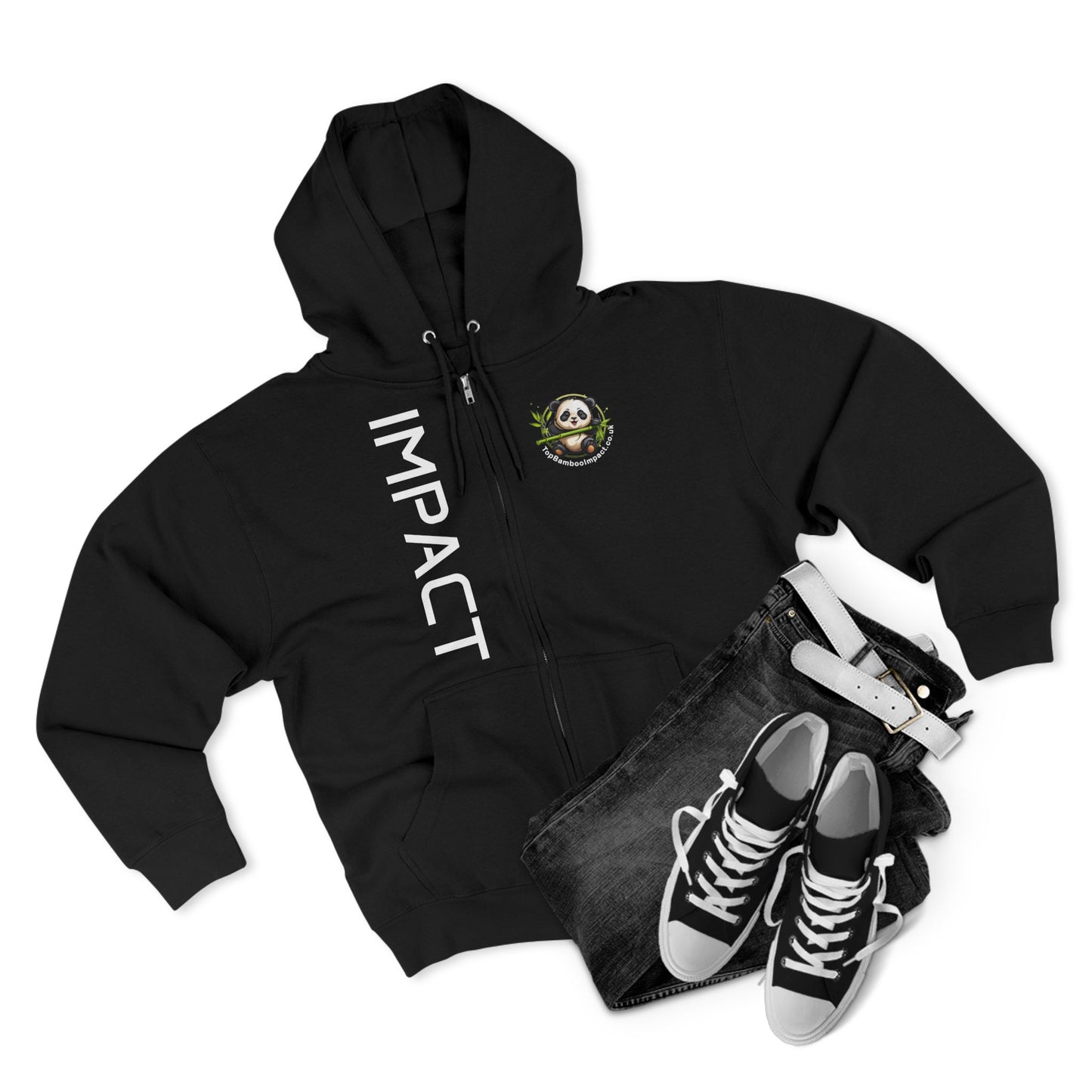Panda Impact Unisex Zip Hoodie, Panda Hoodie, Black Zip Sweatshirt, Eco-Friendly Apparel, Gift for Animal Lovers, Nature Lovers